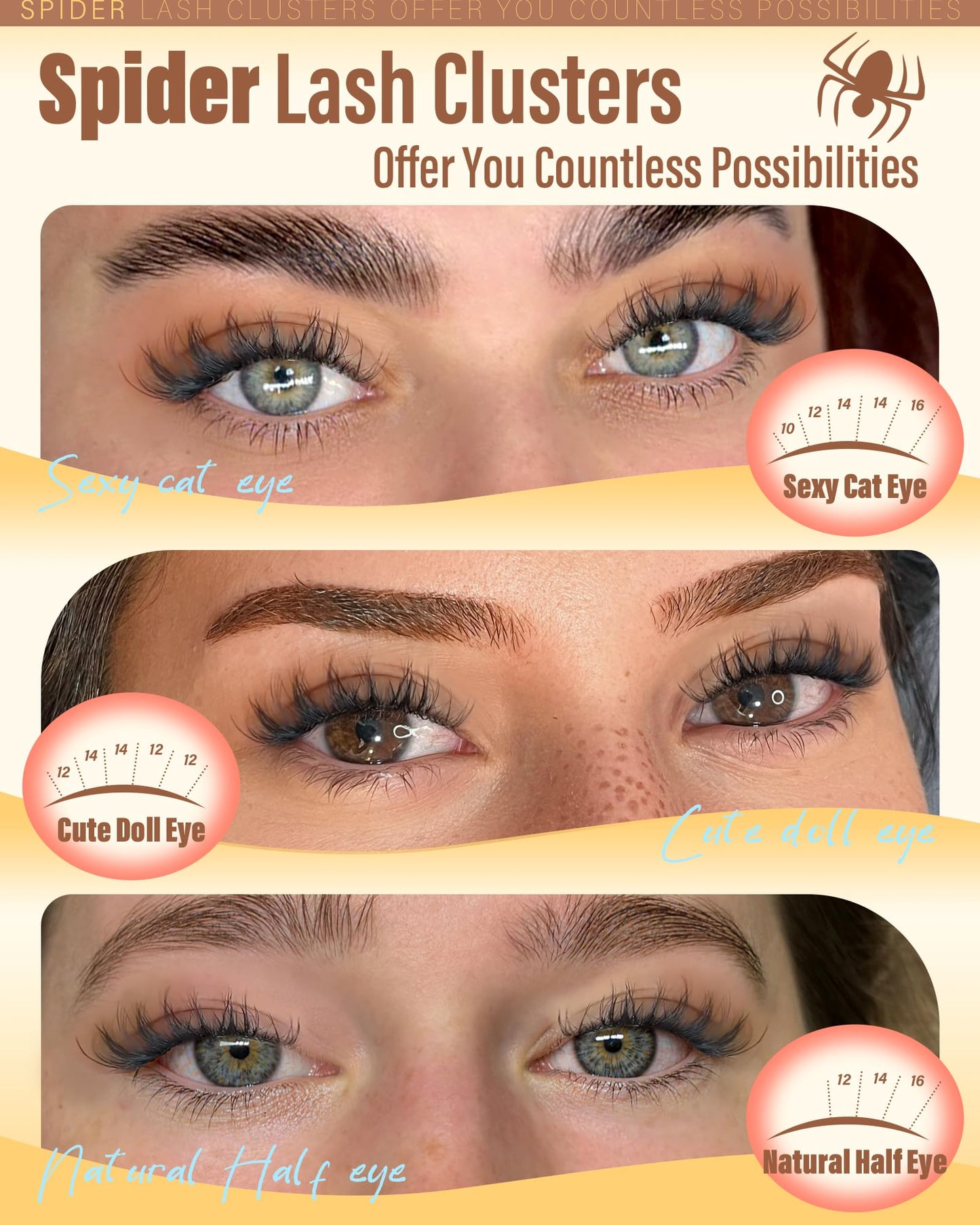 Spider Lashes Clusters Kit Natural Eyelash Clusters Kit Wispy Cluster Eyelash Extensions CD-Curly Breeze Cluster Lashes Kit Wispy Individual Lashes Kit With Lash Bond&Seal, Lash Tweezers by Zegaine
