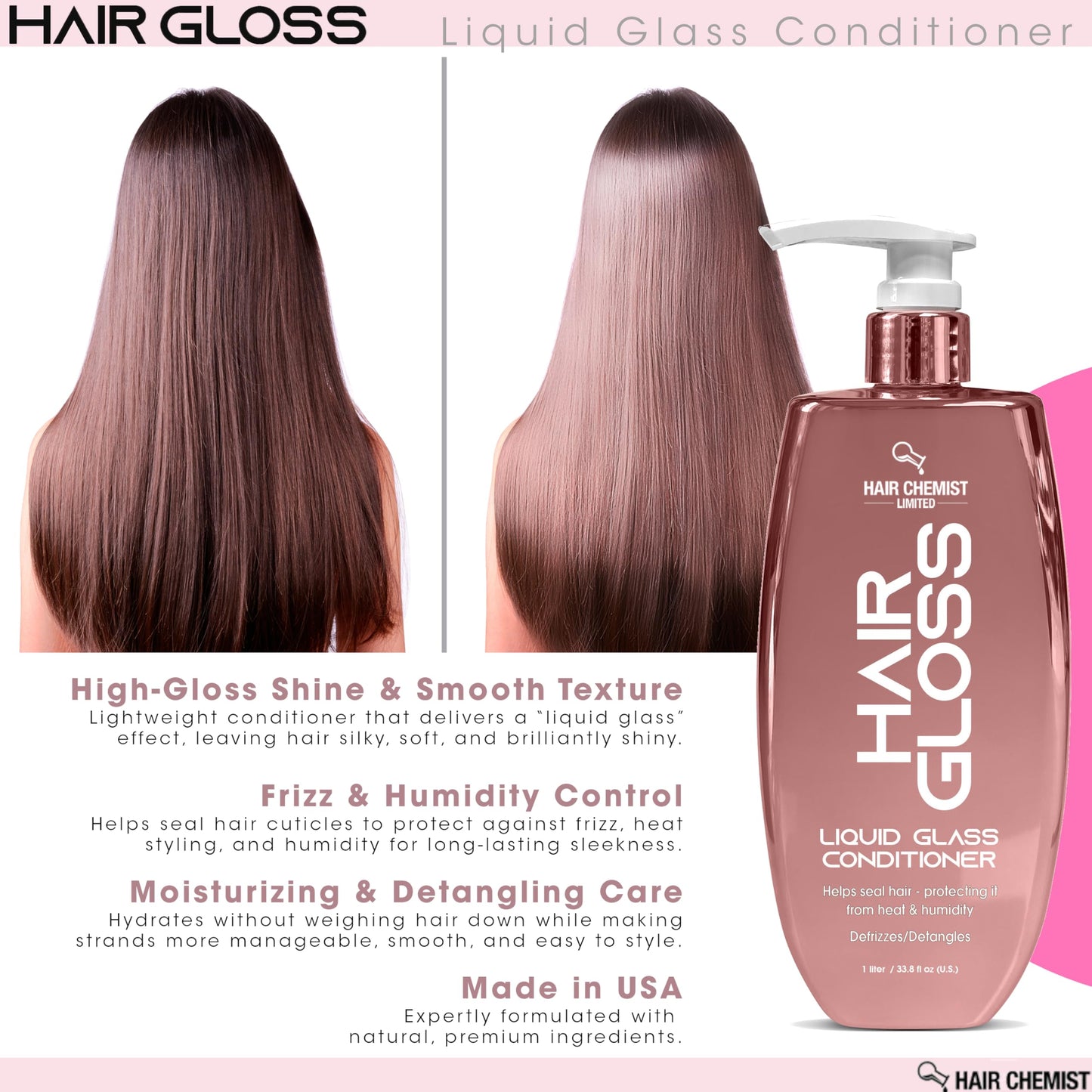 Hair Chemist Hair Gloss Liquid Glass Conditioner 33.8 oz. - Frizz Reducing Smoothing Conditioner, Lightweight Formula that Protects and Adds Shine to Hair
