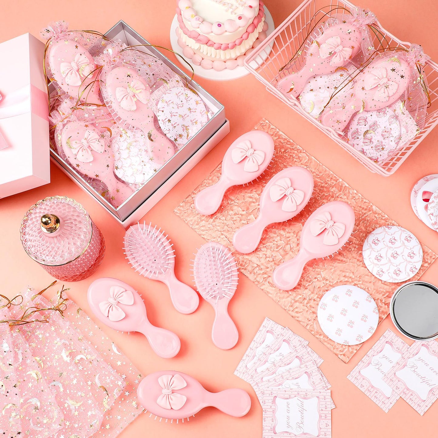 Ferrochef 48 Pcs Bow Themed Party Favors Gifts Bownot Mini Hair Brush Comb Bow Compact Mirror with Inspirational Cards Gift for Girls Princess Coquette Baby Shower Birthday Party(Cute,Pink)