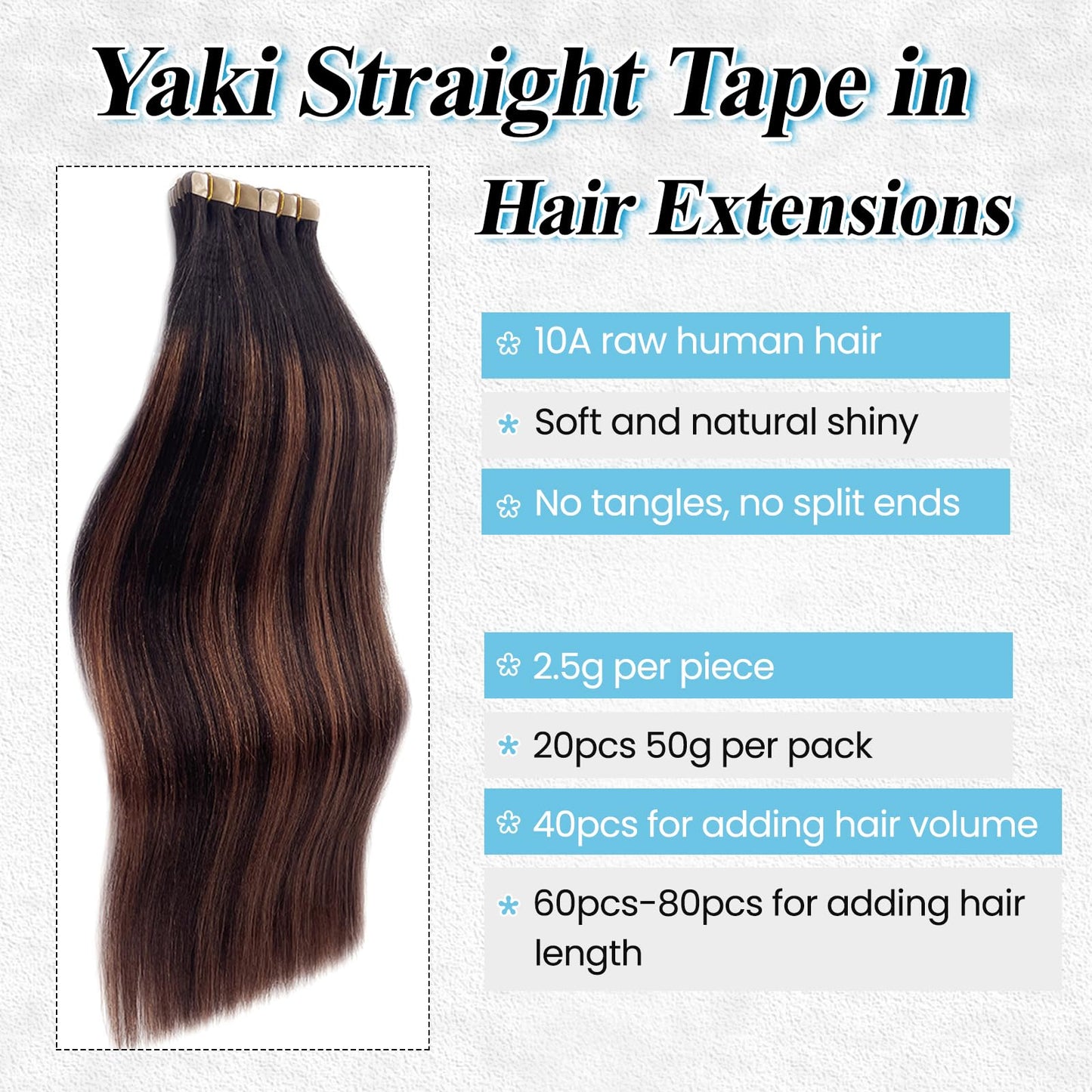 Yaki Straight Human Hair Tape in Extensions, 18 Inch Light Yaki Invisible Tape in Real Human Hair Extensions Natural Black with Chocolate Brown Highlight Seamless Brazilian Remy Extension 50G 20PCS