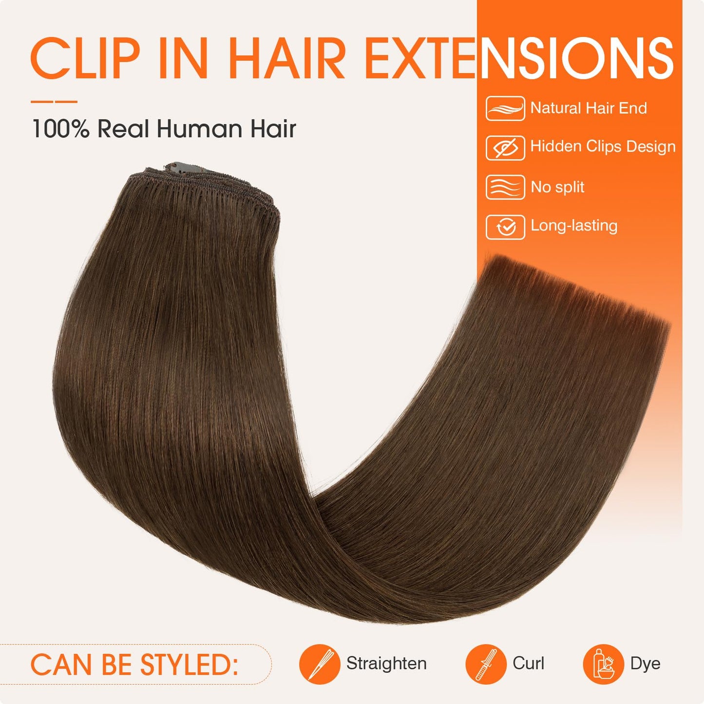 TESS Seamless Clip in Hair Extensions Human Hair Remy Clip ins Natural Soft Straight 8pcs 18Clips, 14 Inch, Dark Brown
