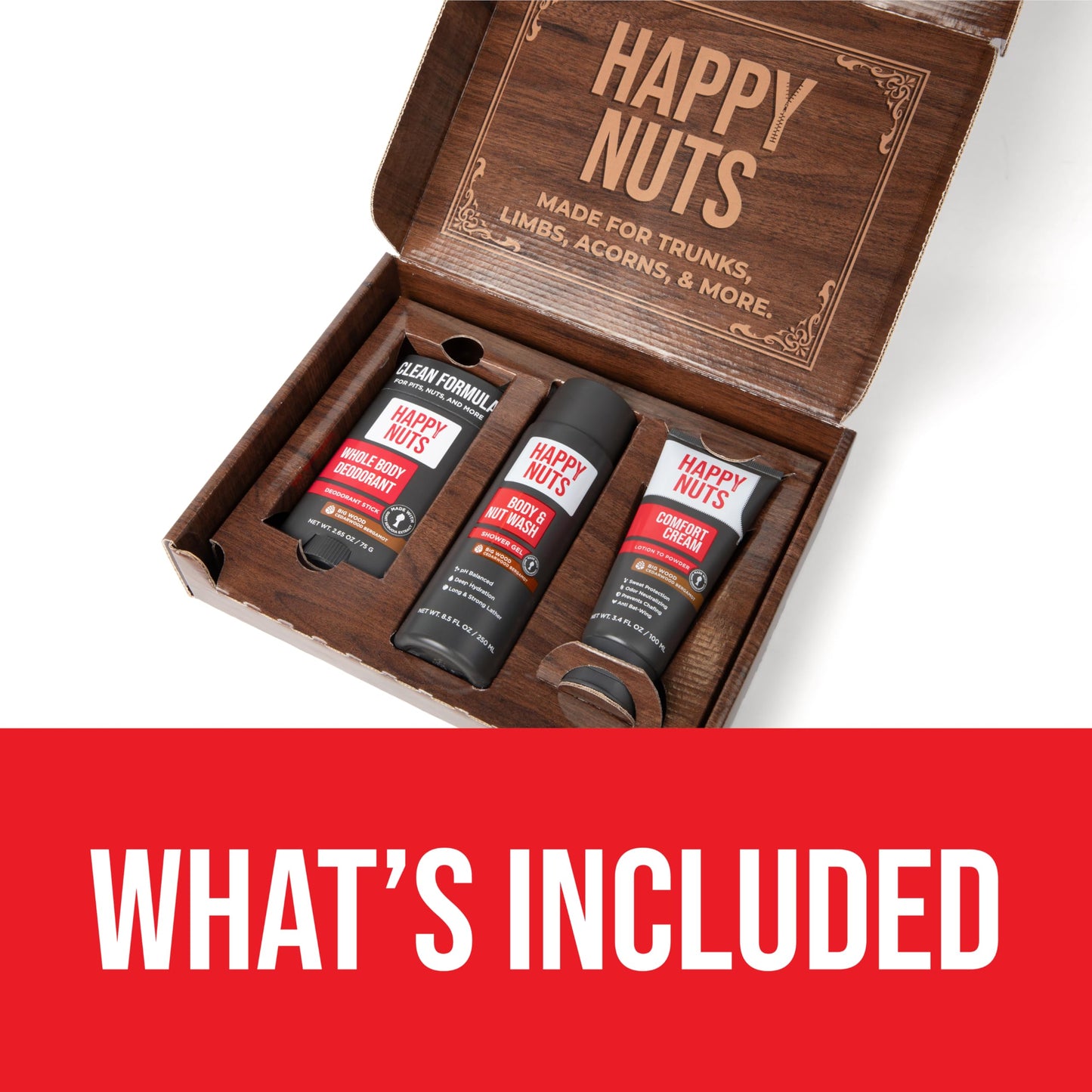 HAPPY NUTS Holiday Essentials Bundle Kit - Gift Box for Men with Comfort Cream, Hydrating Body Wash & Whole Body Deodorant - Mens White Elephant Gift Basket Idea for Him and Stocking Stuffer