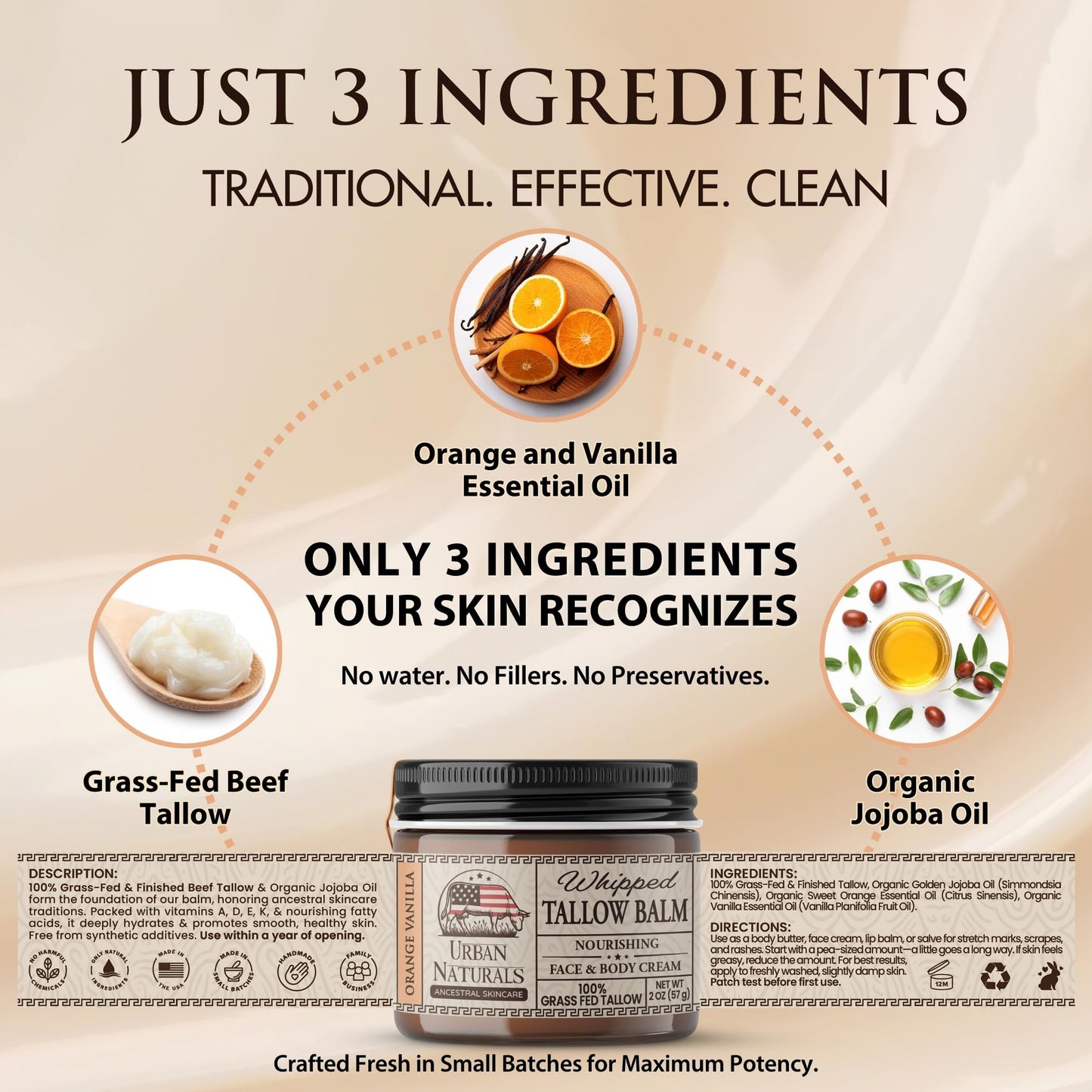 Urban Naturals Handmade Whipped Tallow Balm (Orange Vanilla) 100% Grass-fed Organic Beef Tallow Skin Cream Moisturizer for Face with Jojoba Oil, for Eczema, Baby - Made in USA