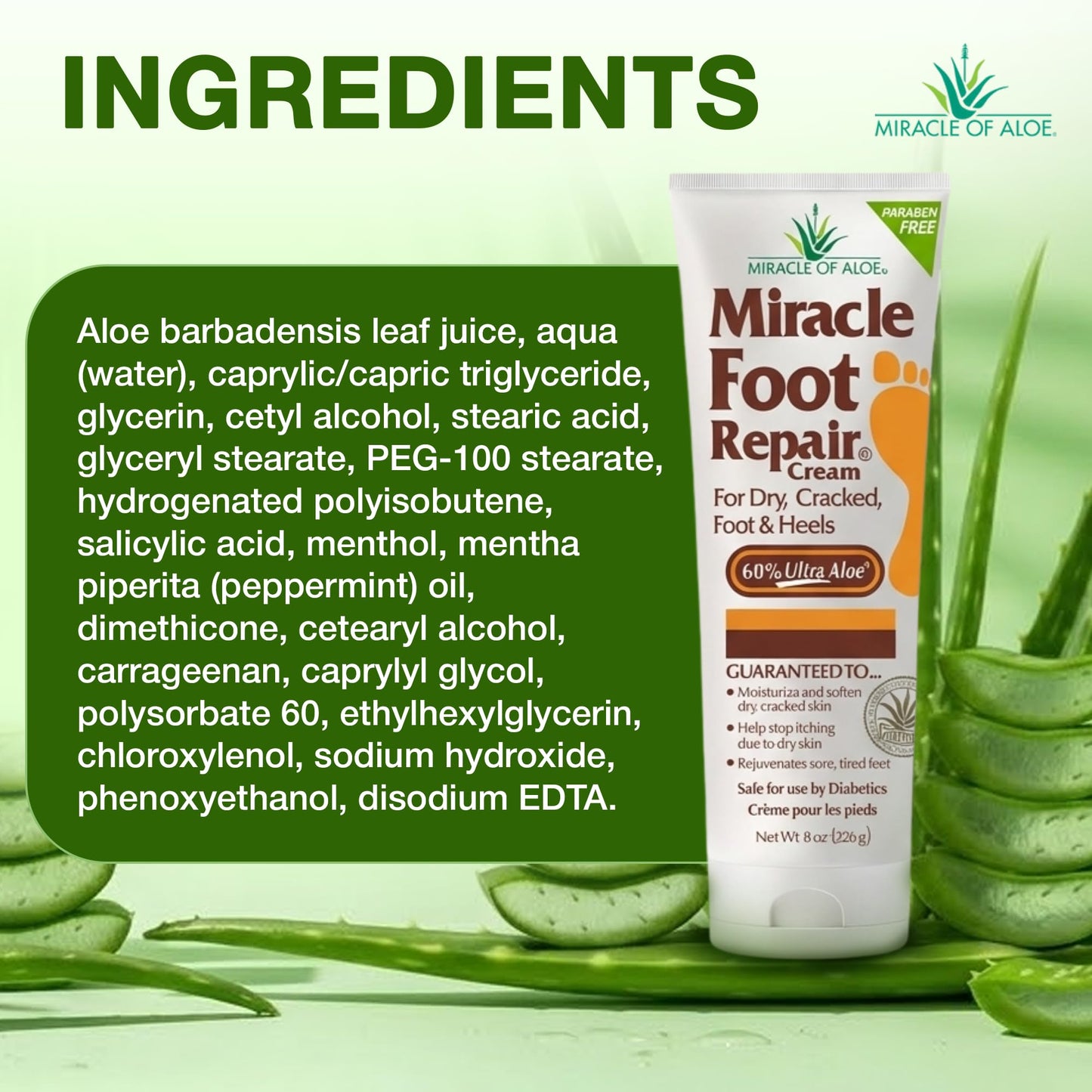 Miracle Foot Repair Cream (8 oz / 2-Pack) Repairs Dry Cracked Heels and Feet, 60% Pure UltraAloe Moisturizes, Softens, and Repairs