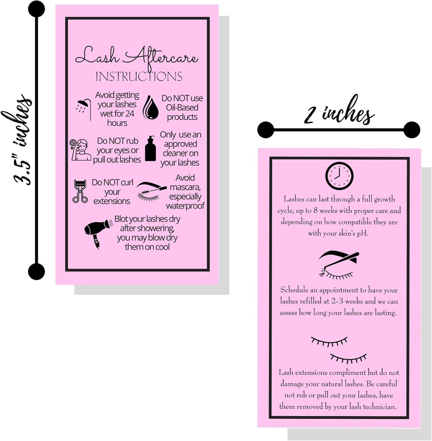 Lash Extension Aftercare Instructions Cards - Double-Sided 2x3.5" | 250 Pack in Bubblegum Pink with Visuals
