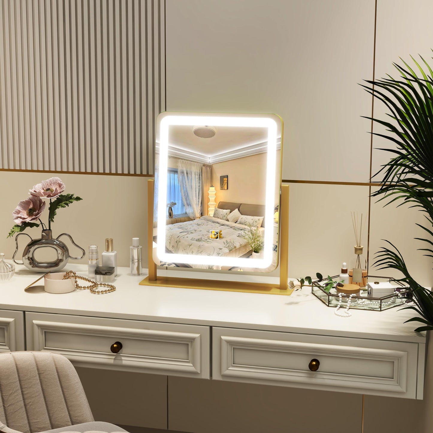 ROLOVE Lighted Makeup Mirror with 3-Color Dimmable Lighting, with Removable 10x Magnifier, Smart Touch Control, 360° Rotation, 15" x 13" Hollywood Vanity Mirror for Tabletop Desk (Gold)