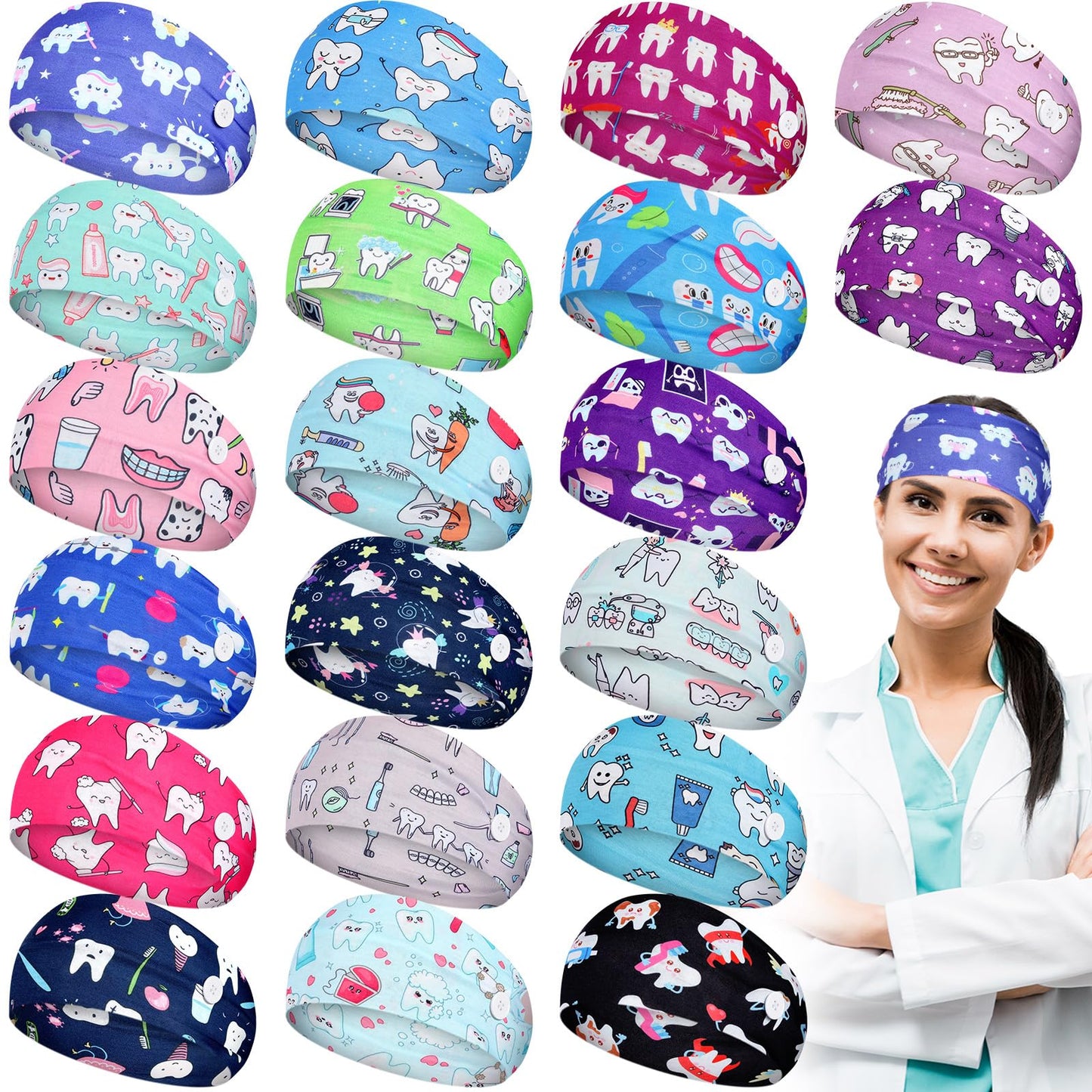 Canlierr 20 Pcs Dental Headbands for Women Non Slip Nurse Headbands with Buttons Dental Assistant Accessories Sweat Wicking Headband Gifts for Doctor Dentist Hygienist