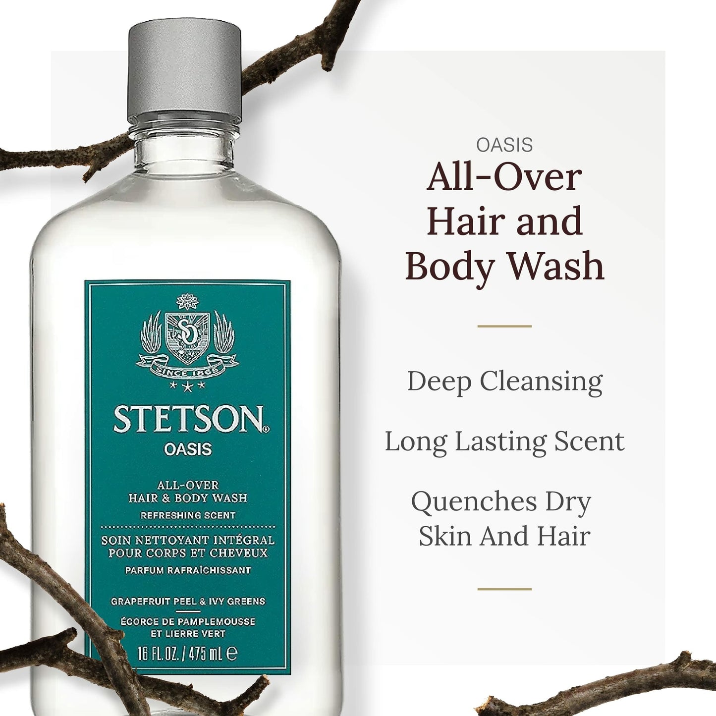 SCENT BEAUTY STETSON Personal Care All Over Hair & Body Wash Moisturizing Body Wash & Shampoo - 16 oz - 3 Pack - Spirit