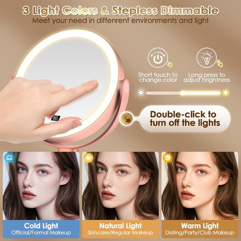 Makeup Mirror with Lights - 30X/1X Magnifying, Height Adjustable | Detachable Travel Vanity Mirror in Rose Gold