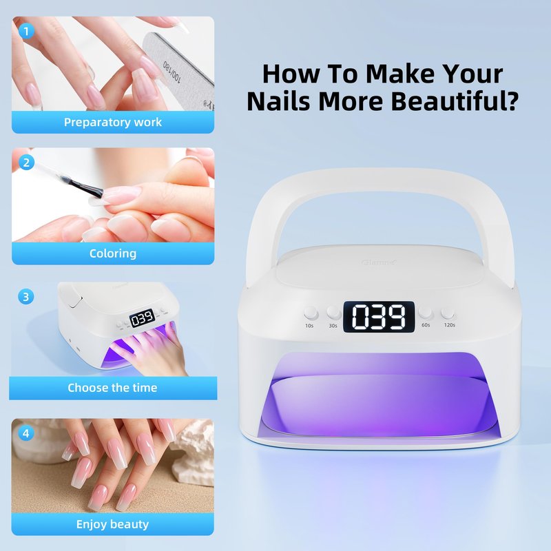 Glamne UV Gel Nail Lamp LED Nail Light Fast Dryer for Gel Polish Curing with Arm Rest Portable Handle 4 Timers Automatic Sensor Double Led Display