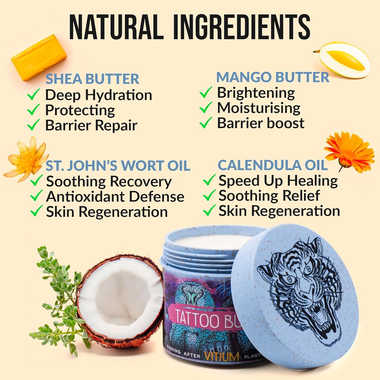 VITIUM Tattoo Butter Aftercare Balm - Vegan Formula for Brightening & Healing Tattoos | 5oz, Tropical Scent