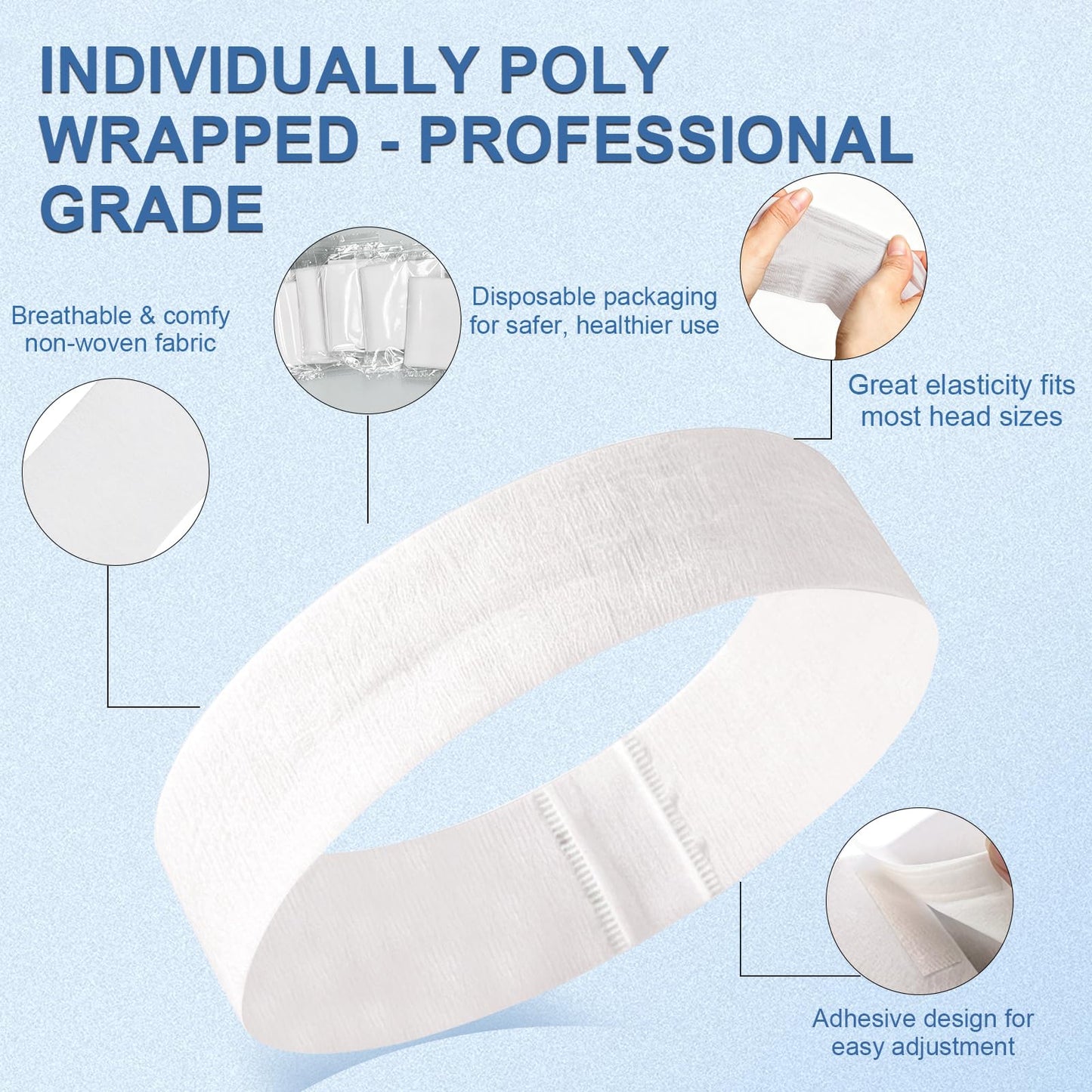 FRASTORDER 160 Count Disposable Spa Headbands for Women - Individually Wrapped Facial Headbands for Skincare, Makeup & Estheticians - Stretch Non-Woven Hair Bands for Salon & Home (White)
