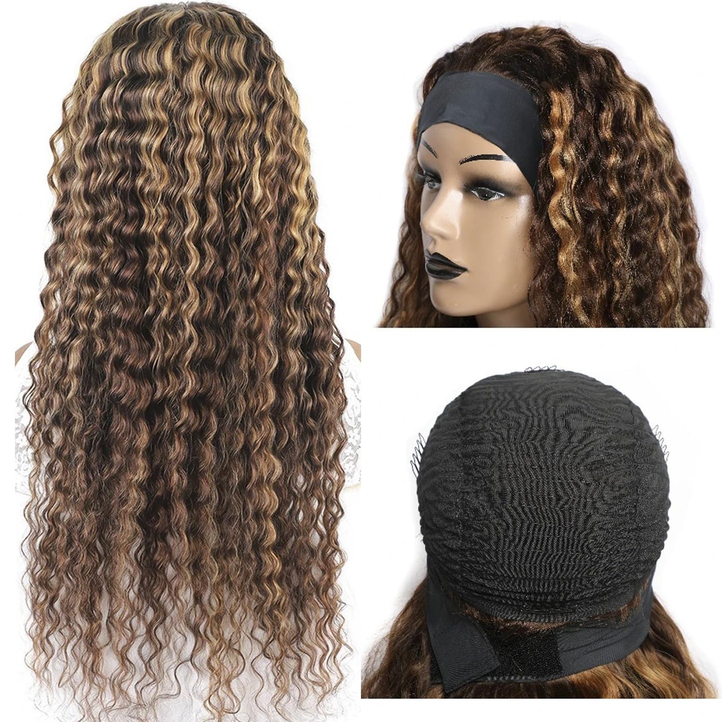 Bellarayine Brazilian Human Hair Headband Wig - Deep Wave, Highlight, Curly, Glueless (14 inch, 4/27 Highlight)