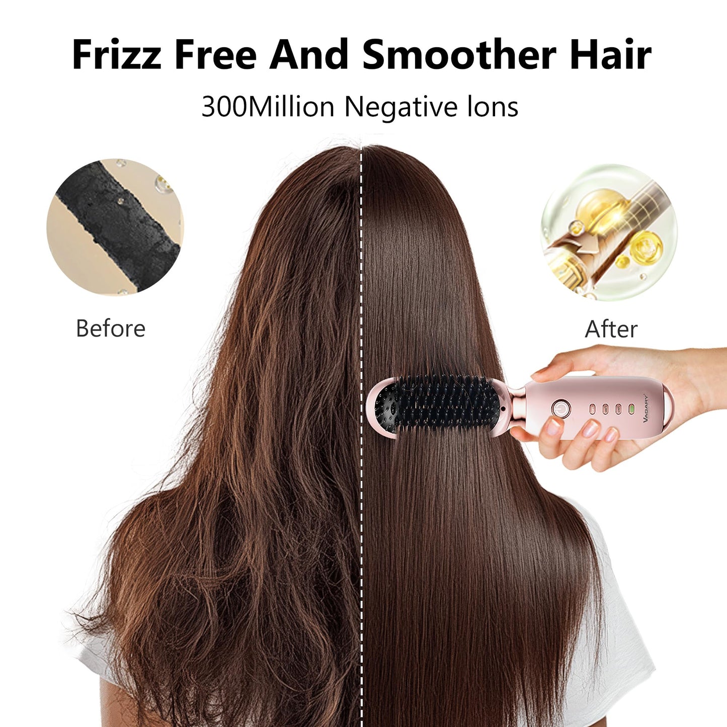 VAGARY Cordless Hair Straightener Brush,Portable Straightening Brush for Travel, 30s Fast Heat,3 Temp Settings,300 Million Negative Ions,USB Rechargeable,Anti-Scald Design Suitable for Thick,Thin Hair