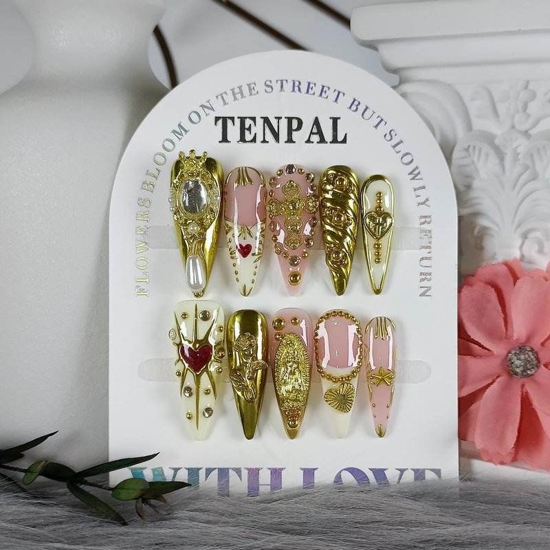 TENPAL 10Pcs Handmade Egyptian Press On Nails With Tools,Golden Palace Long Stiletto Glue on Nails,Glossy Sacred Rose & Cross Charms Fake Nails with Crystal Luxe,Acrylic Nails for Women Gifts(M)