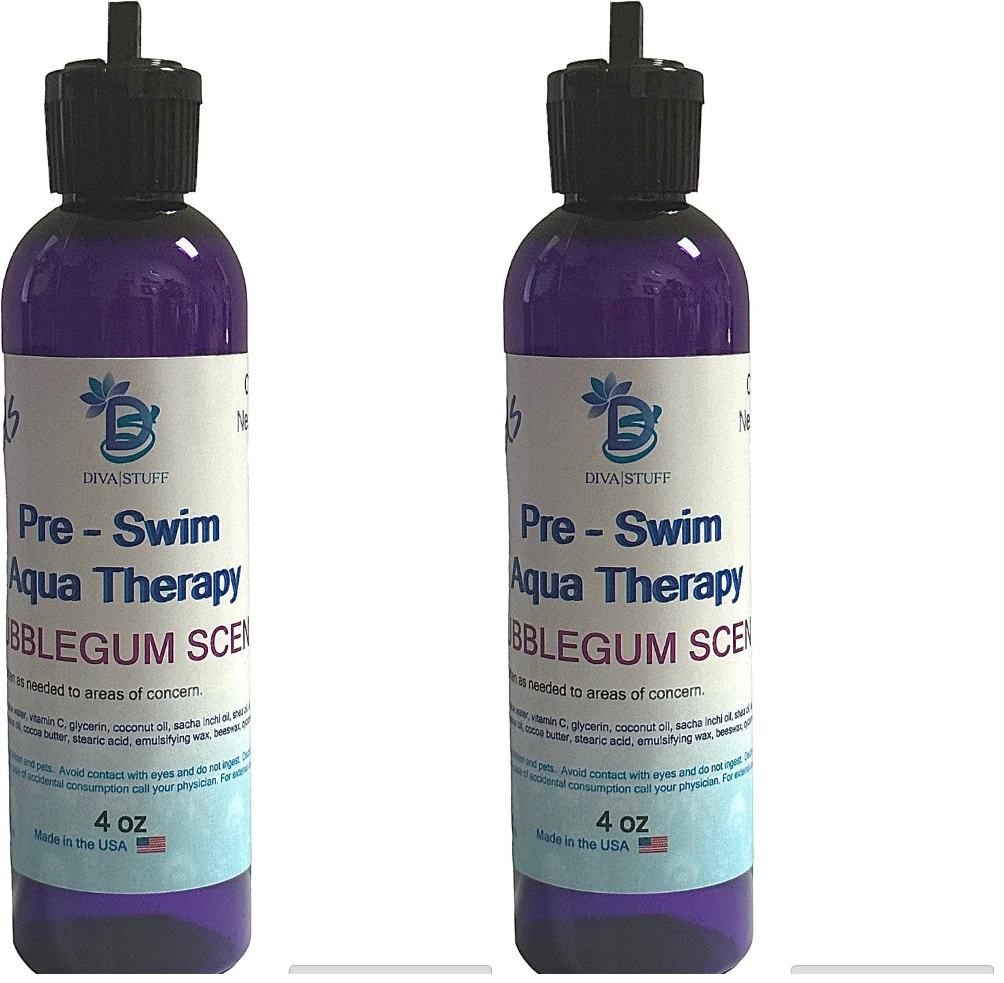 Diva Stuff Kids Pre-Swim Aqua Therapy Chlorine Neutralizing Body Moisturizing Lotion for Swimmers, Protects Skin from Chlorine & Salt Water, 4 oz - Made in the USA, Bubblegum Scent (Pack of 2)