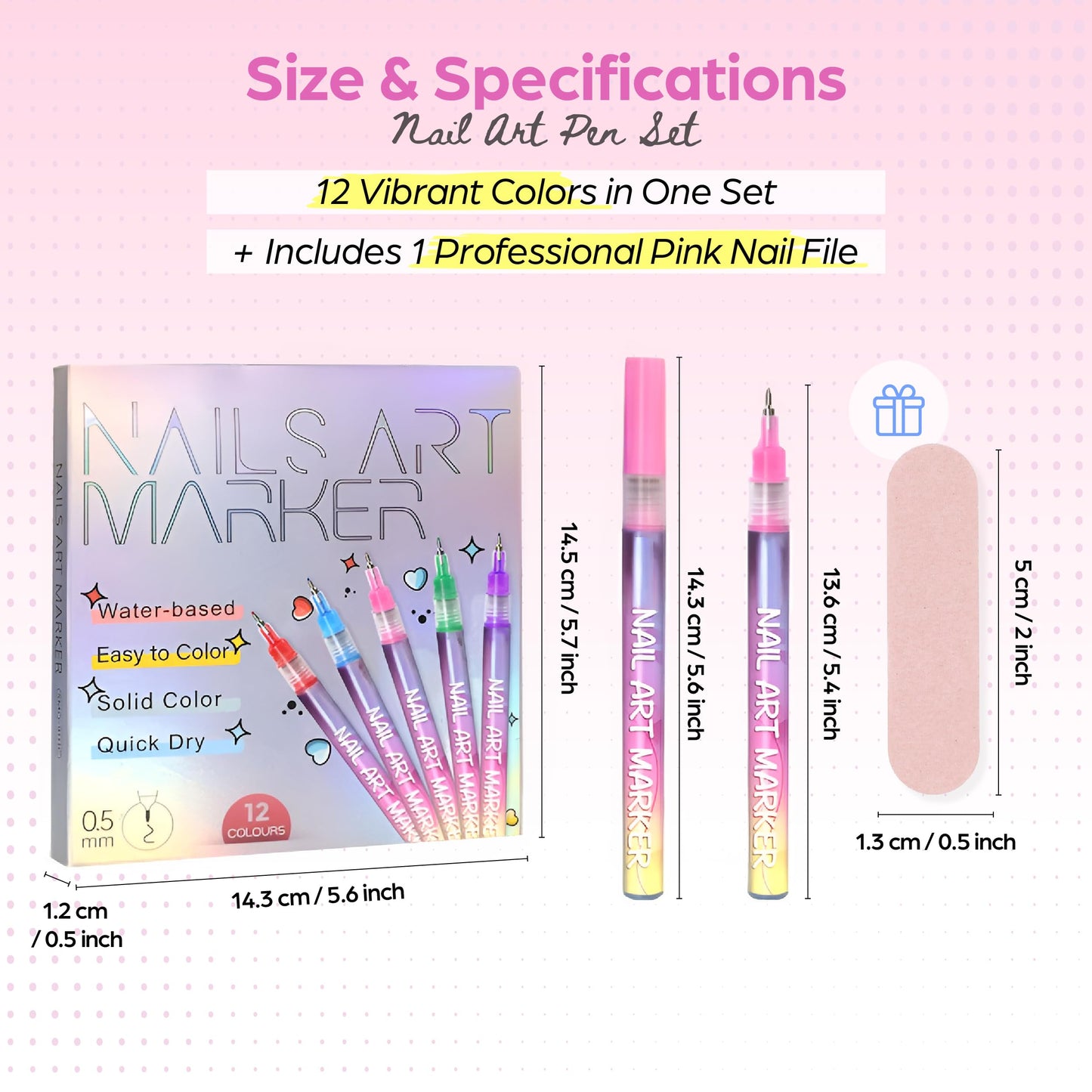 Nail Art Pen Set, 12 Colors – 0.5mm Quick-Dry Nail Painting Markers with Nail File Included for DIY Manicure