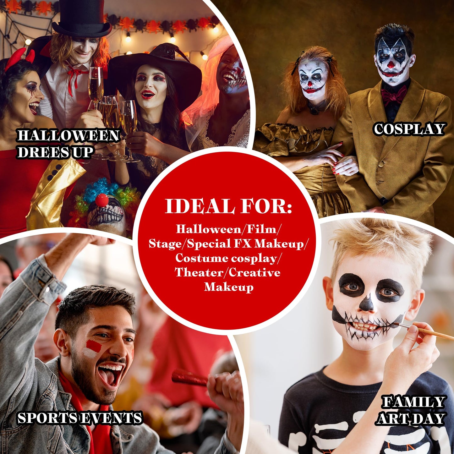 VANERIA Clown Makeup Halloween, Black White Red Cream Face Body Paint for Halloween, SFX Makeup Set with Vampire Teeth & Fake Blood, Clown Art Theater With Brushes