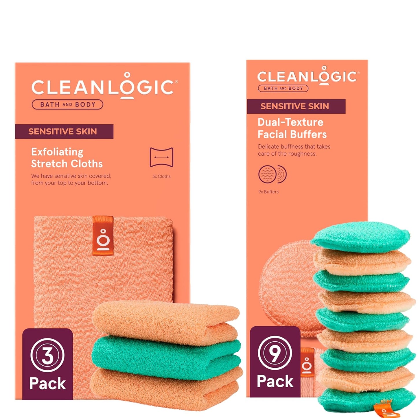 Cleanlogic Daily Skincare Set for Sensitive Skin - 3 Exfoliating Cloths & 9 Gentle Makeup Remover Pads | Soft Texture for Smooth Cleansing