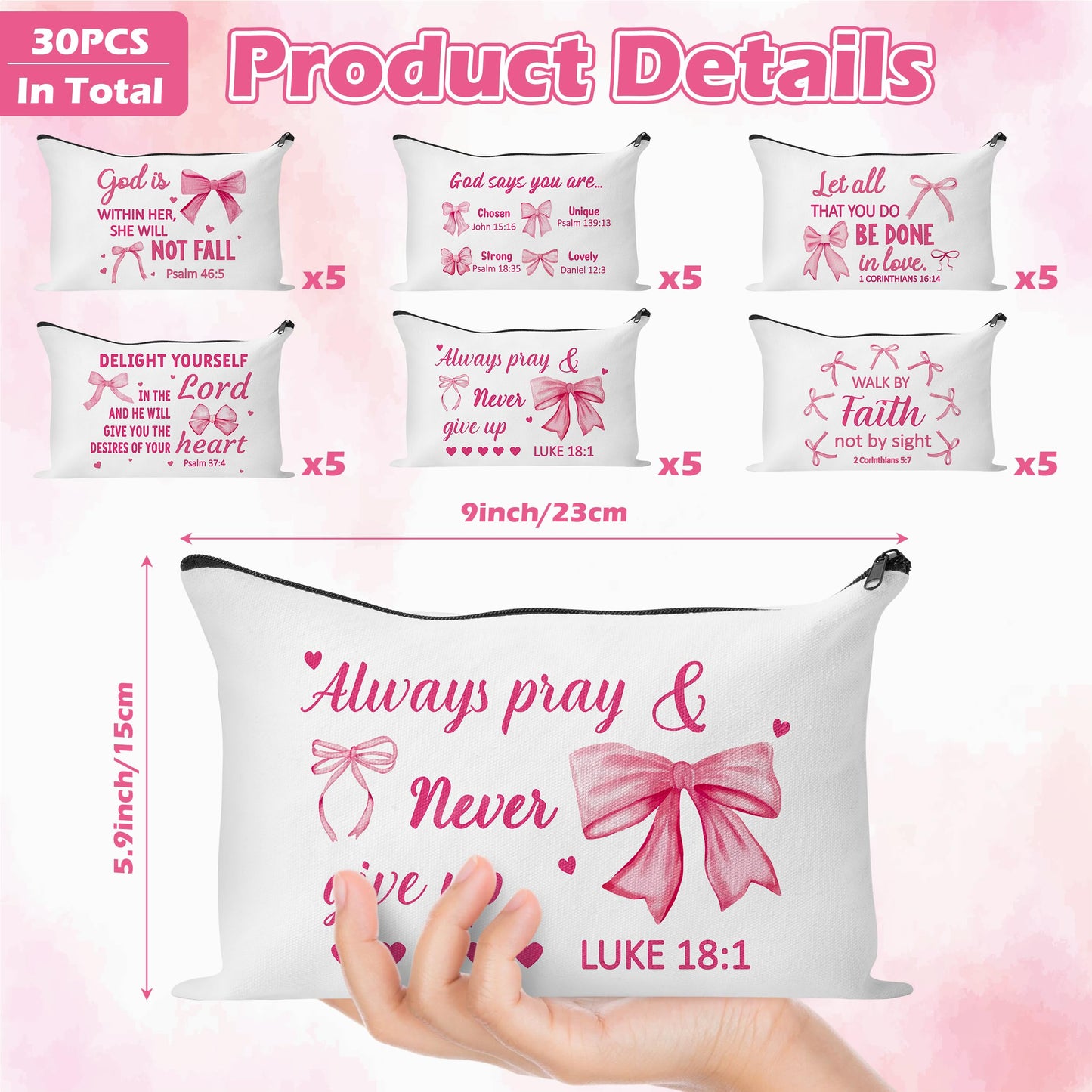 Y1tvei Bow Bible Cosmetic Bags - 30Pcs Pink Coquette Mini Bible Verse Makeup Bag with Zipper, White Canvas Large Capacity Cosmetic Bags Set Gifts Bulk for Women Girls Inspirational Church Party Favors