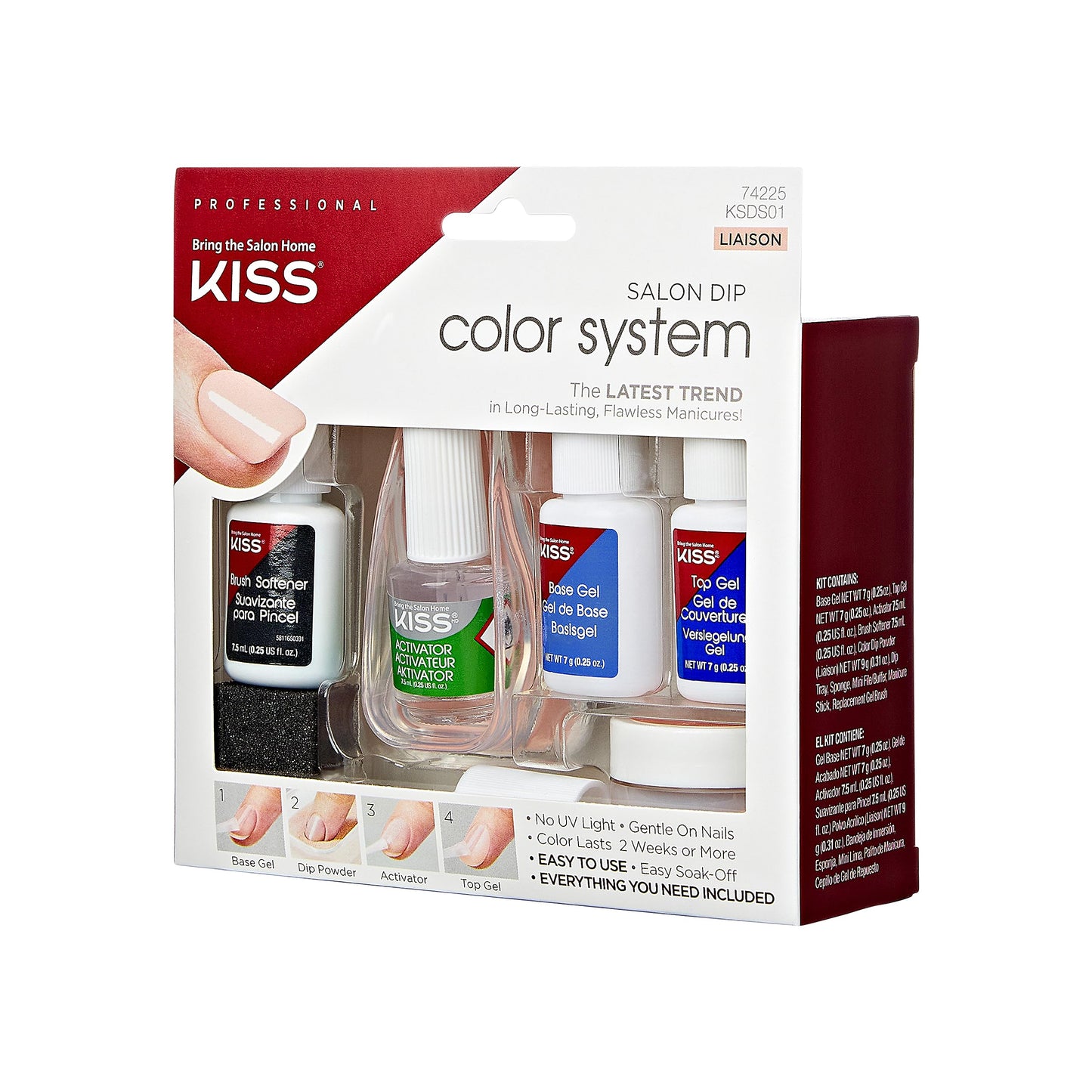KISS Salon Dip Color System Dip Powder Nail Kit, 'Liaison', No UV Light Needed, Includes 7g Base Gel, 7g Top Gel, 7.5ml Activator, 9g Dip Powder, 7.5ml Brush Softener