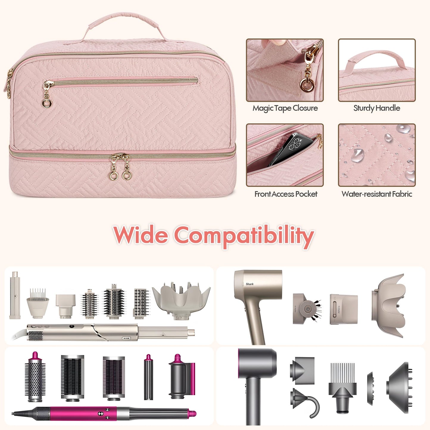 Teamoy Travel Carrying Case Compatible with Shark Flexstyle, Double-Layer Storage Bag for Shark Hyperair, Portable Travel Organizer for Dyson Airwrap Styler and Attachments, Pink Quilted