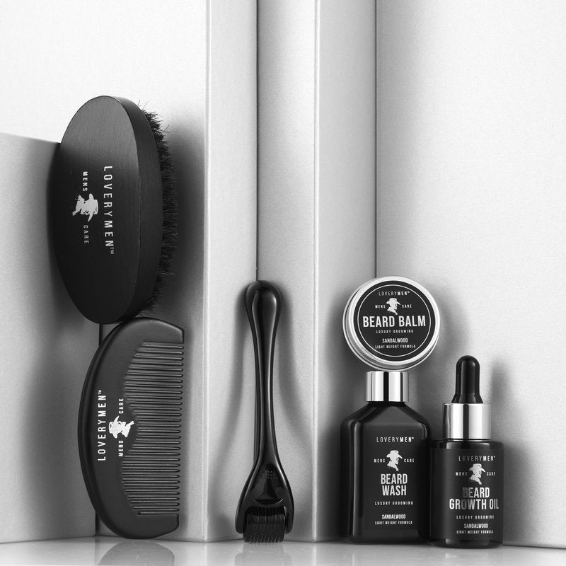 LOVERY Gifts for Him - Beard Grooming Kit - Includes Beard Oil, Beard Balm, Beard Wash, Comb, Brush & more– Mens Gifts for Him, Boyfriend, Husband, Dad - Sandalwood Beard Kit