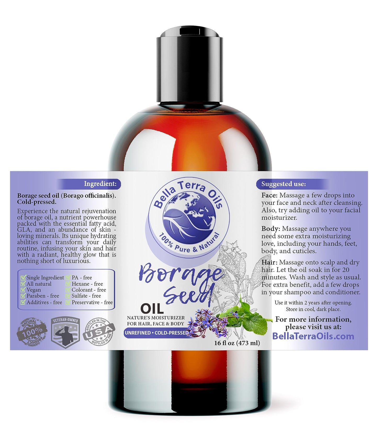 Bella Terra Oils - Natural Borage Seed Oil 8 oz - Cold-Pressed from Natural Borage Seeds, Overflowing with Vitamin E & Omega Fatty Acids, An Elixir of Youth & Beauty