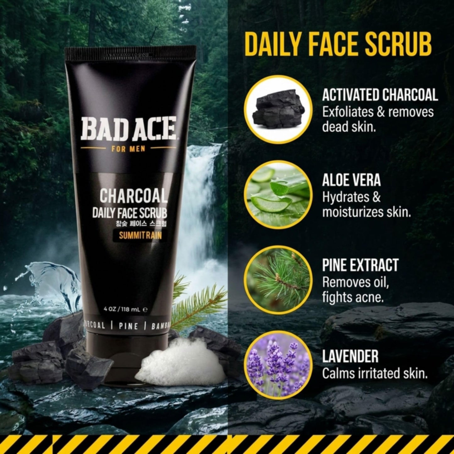 BAD ACE Daily Men's Charcoal Face Wash with Scrubs, Korean Exfoliating Face Wash - Premium Mens Face Scrub, Deep Cleansing Skin Care | Men's Facial Cleanser for Oily Skin & Normal Skin, 4 oz