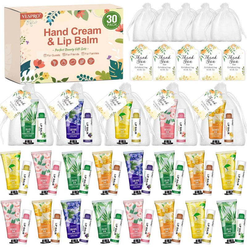 VESPRO 30 Pack Bulk Hand Cream and Bulk Lip Balm Sets, Mothers Day Gifts, Wedding Favors for Guests with Thank You Card and Organza Bags, Birthday Gift, Teacher Appreciation Gifts and Nurse Gift