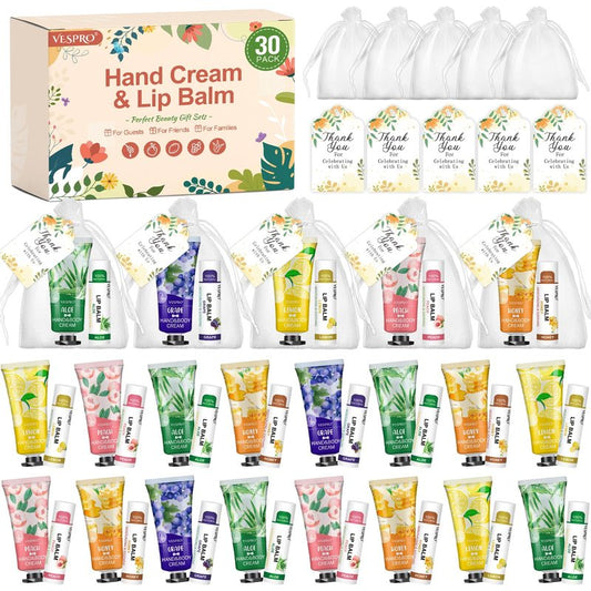 VESPRO 30 Pack Bulk Hand Cream and Bulk Lip Balm Sets, Mothers Day Gifts, Wedding Favors for Guests with Thank You Card and Organza Bags, Birthday Gift, Teacher Appreciation Gifts and Nurse Gift