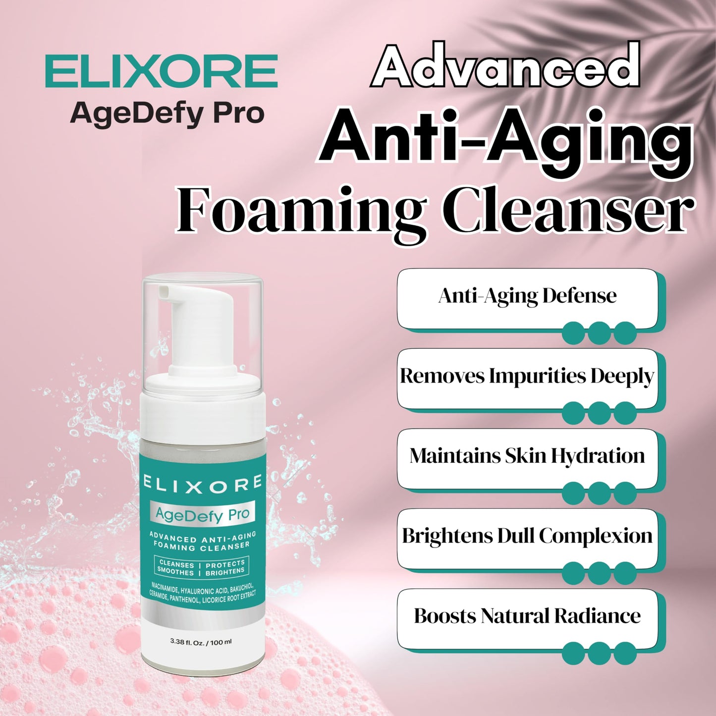 ELIXORE AgeDefy Pro Niacinamide Face Cleanser for Women | Daily Anti-Wrinkle & Calming Facial Wash with Aloe Vera & Green Tea | Removes Makeup & Oil, Deep Cleansing & Hydrating Face Wash (100ml)