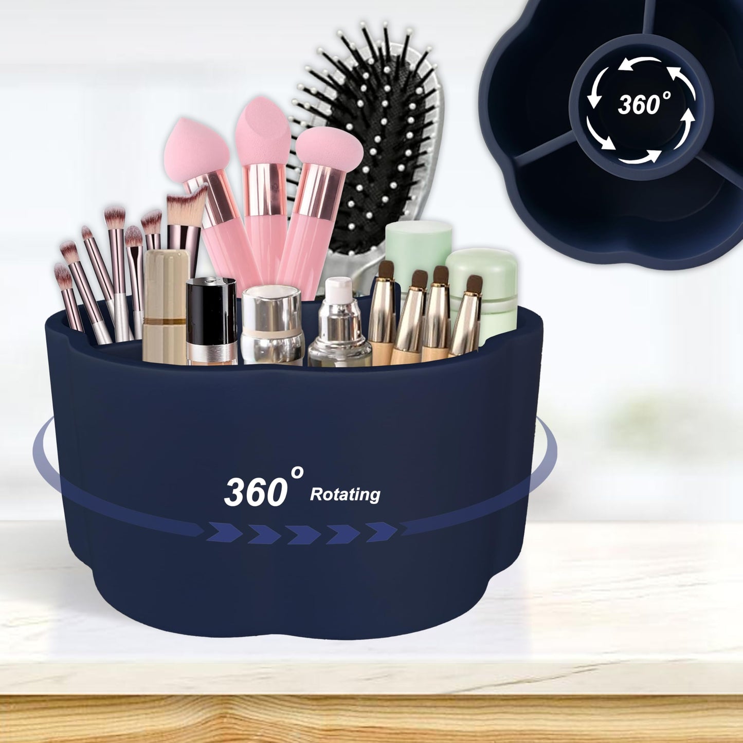 UNICYEEGAR 360° Rotate Makeup Brush Holder, 4 Slot Spin Beauty Tools Organizer, Brush Countertop Display Case, Desktop Storage, Bathroom Vanity Holder, Resin with Navy Blue Rubber Paint.