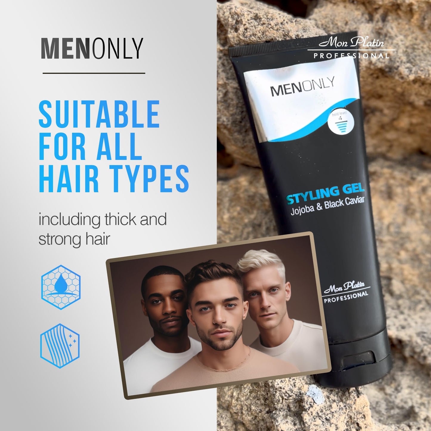 Mon Platin Men’s Styling gel with Jojoba & Black caviar – Men’s Hair Gel with Black Caviar and Jojoba, Strong Hold, Anti-Dandruff Formula, Keeps Hair Styled, Healthy, and Shiny 250ml