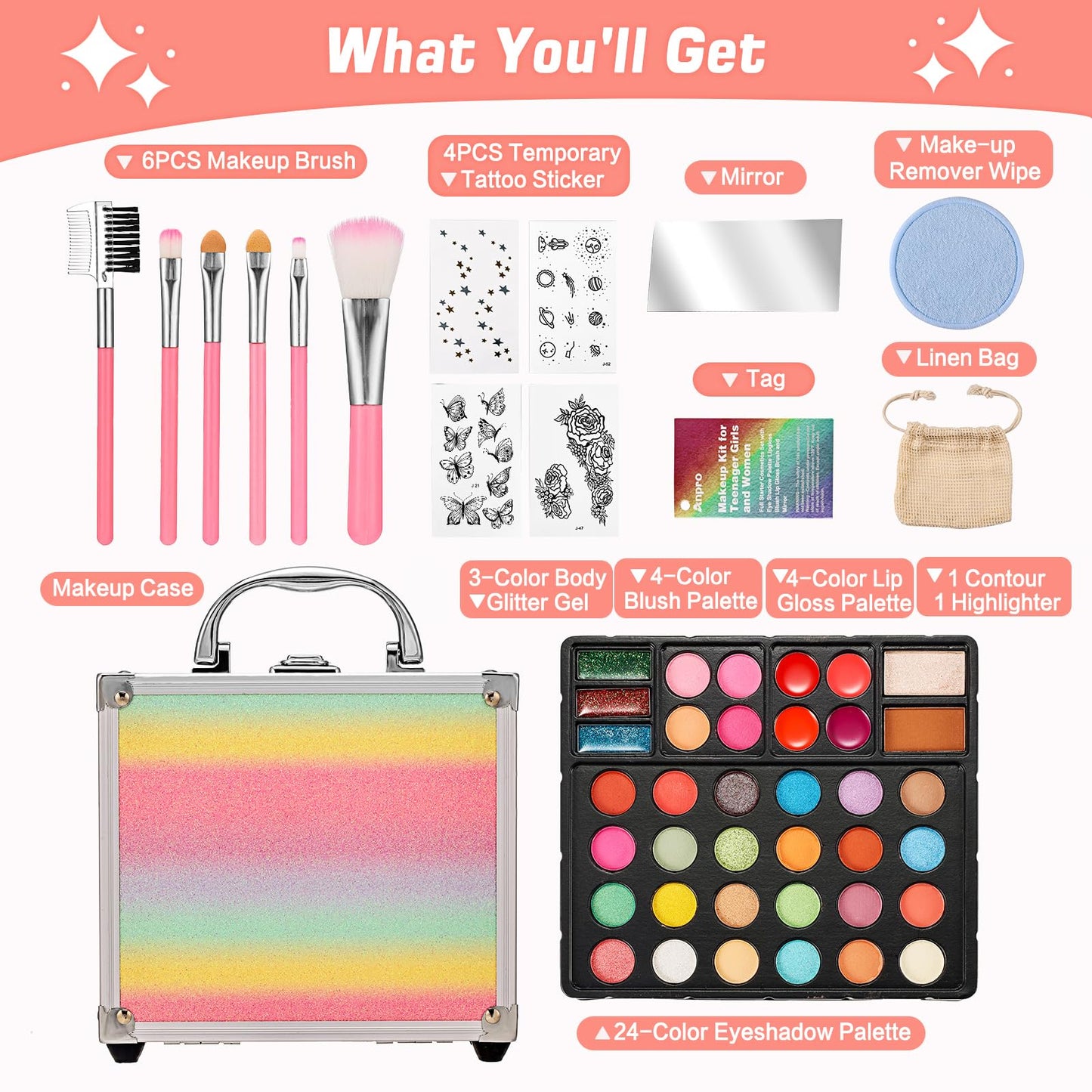 Anpro All-in-One Makeup Kit for Girls 10-12 with Case, Pro Teen Makeup Set, Tween Makeup Kit, Full Starter Make Up Kit with Brushes, Eyeshadow Palette, Blushes, Glitter Gel, Temporary Tattoo Stickers