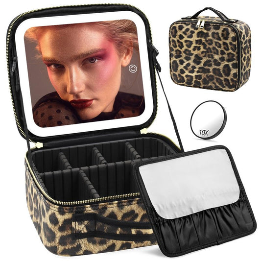 Jadazror Makeup Bag with Light Up Mirror, Lighted Travel Makeup Organizer 3 Colors Adjustable Brightness, Makeup Bag with Mirror and Light, Travel Train Case Portable Cosmetic Bag for Women(Leopard)