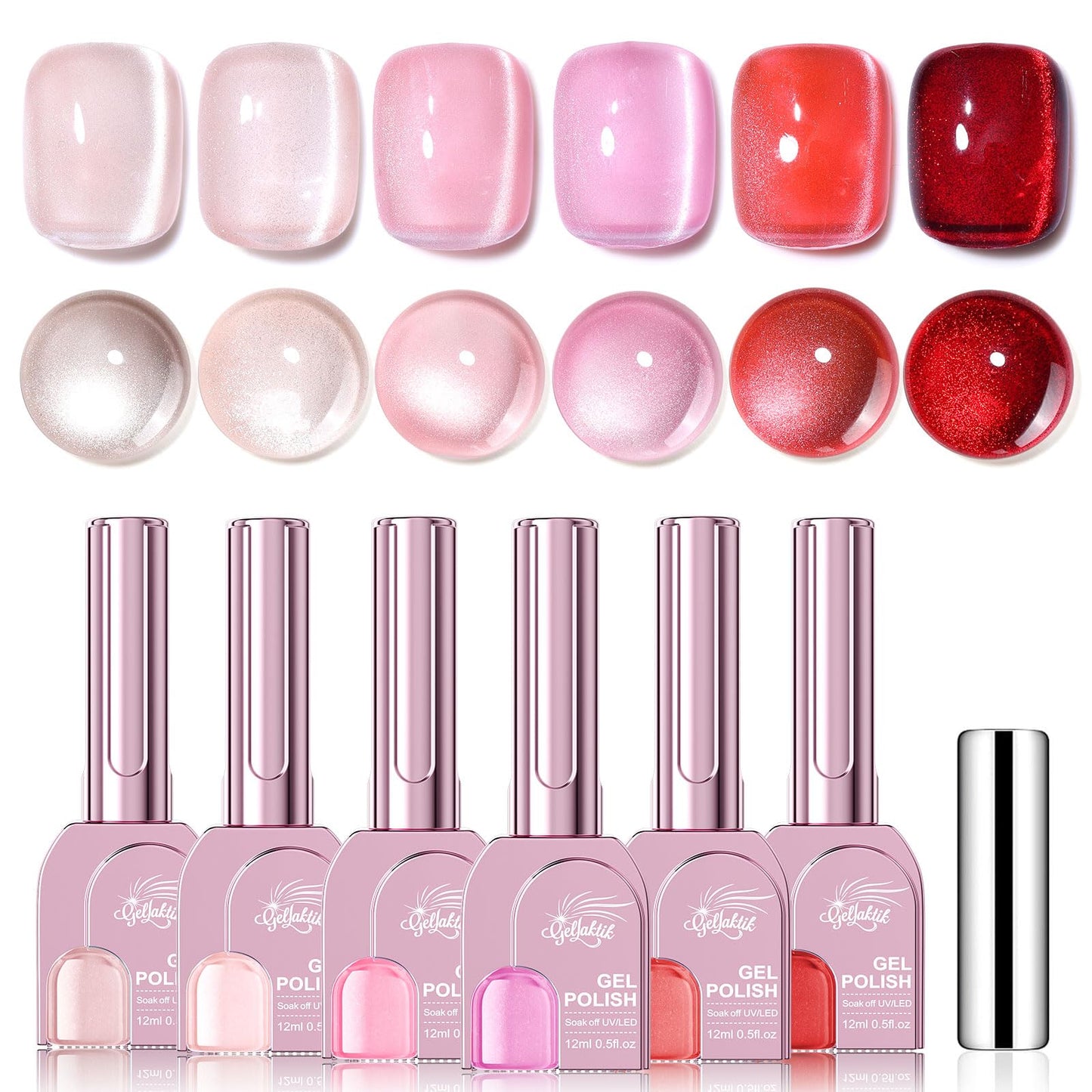 GELLAKTIK Glitter Cat Eye Gel Nail Polish Set 6 Colors 12ML w/Magnet Stick