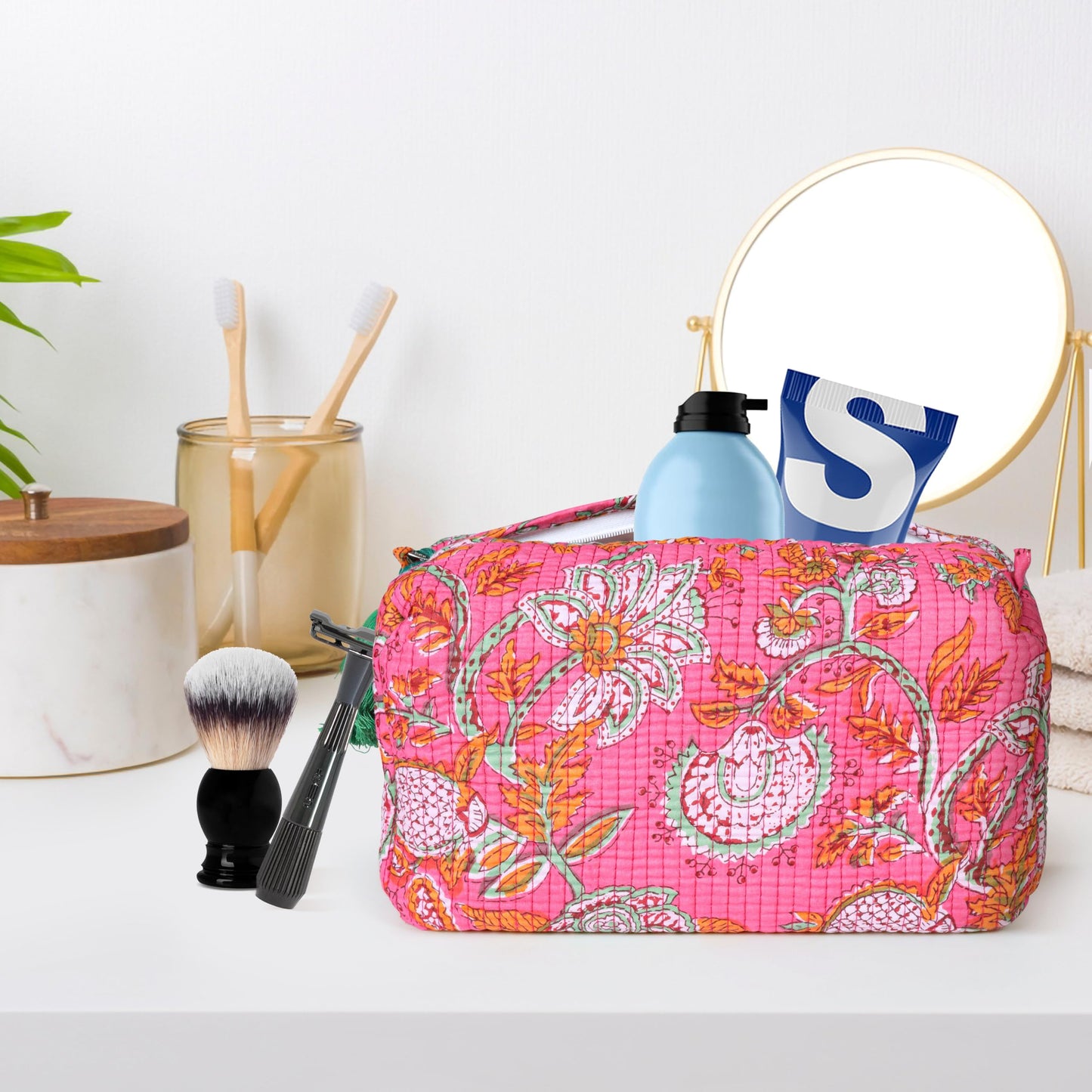 AAVIANA Block Print Designer Toiletry Bag & Makeup Case - Boho Floral Quilted Pouch for Cosmetics, Skincare - Waterproof Lined Organizer for Purse, Travel, Gift Medium (7x5x4 inches) Multi 1
