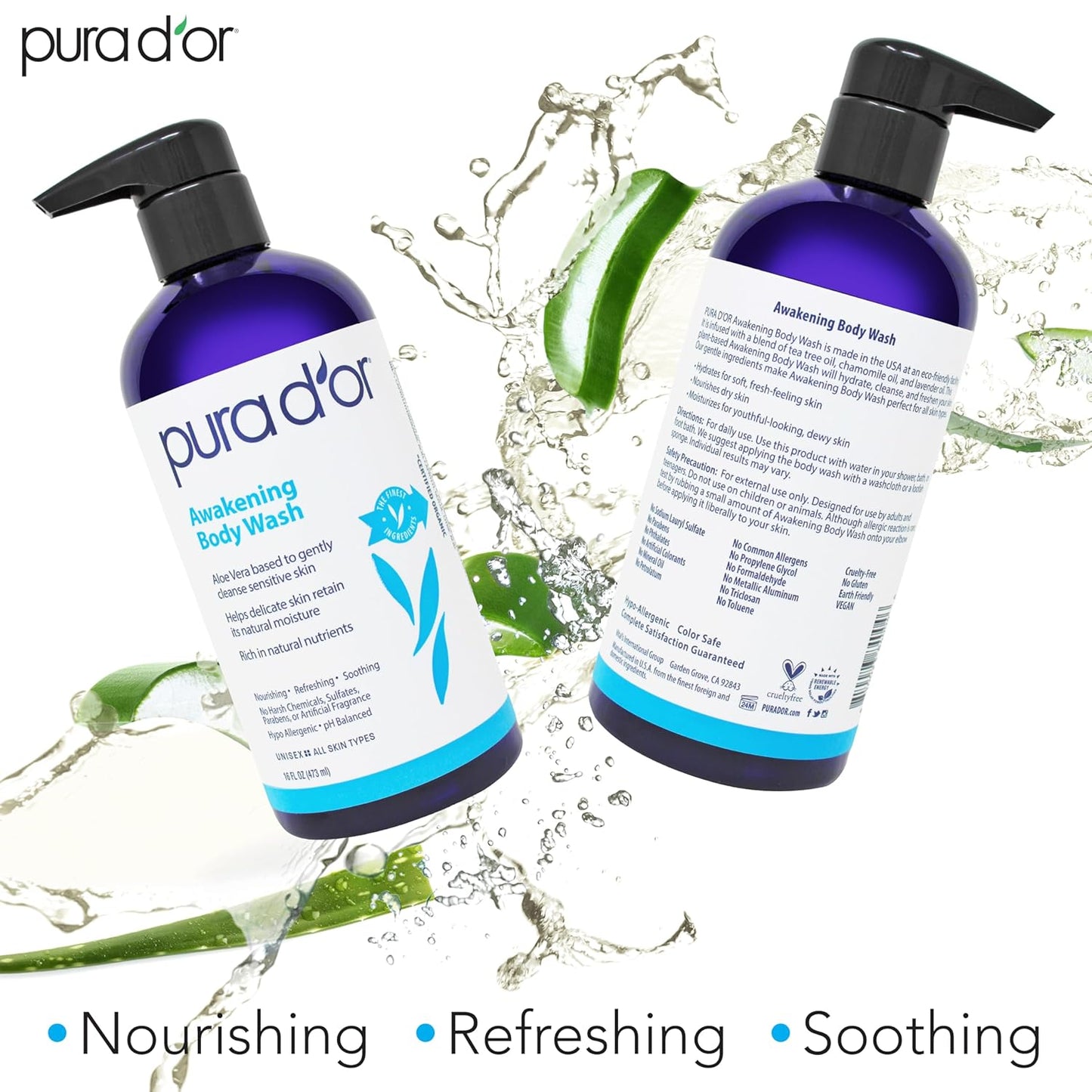 PURA D'OR Awakening Body Wash - Aloe Vera & Lavender | pH Balanced, 48oz Total for Soft, Fresh Skin