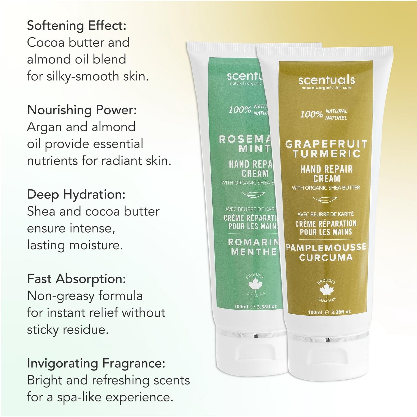 Scentuals Hand Cream Set of 2, with Shea Butter, Cocoa Butter, Argan & Almond oil, Moisturizing Dry Hands. Rosemary Mint + Grapefruit Turmeric (100ml x 2/3.38 fl.oz x 2)