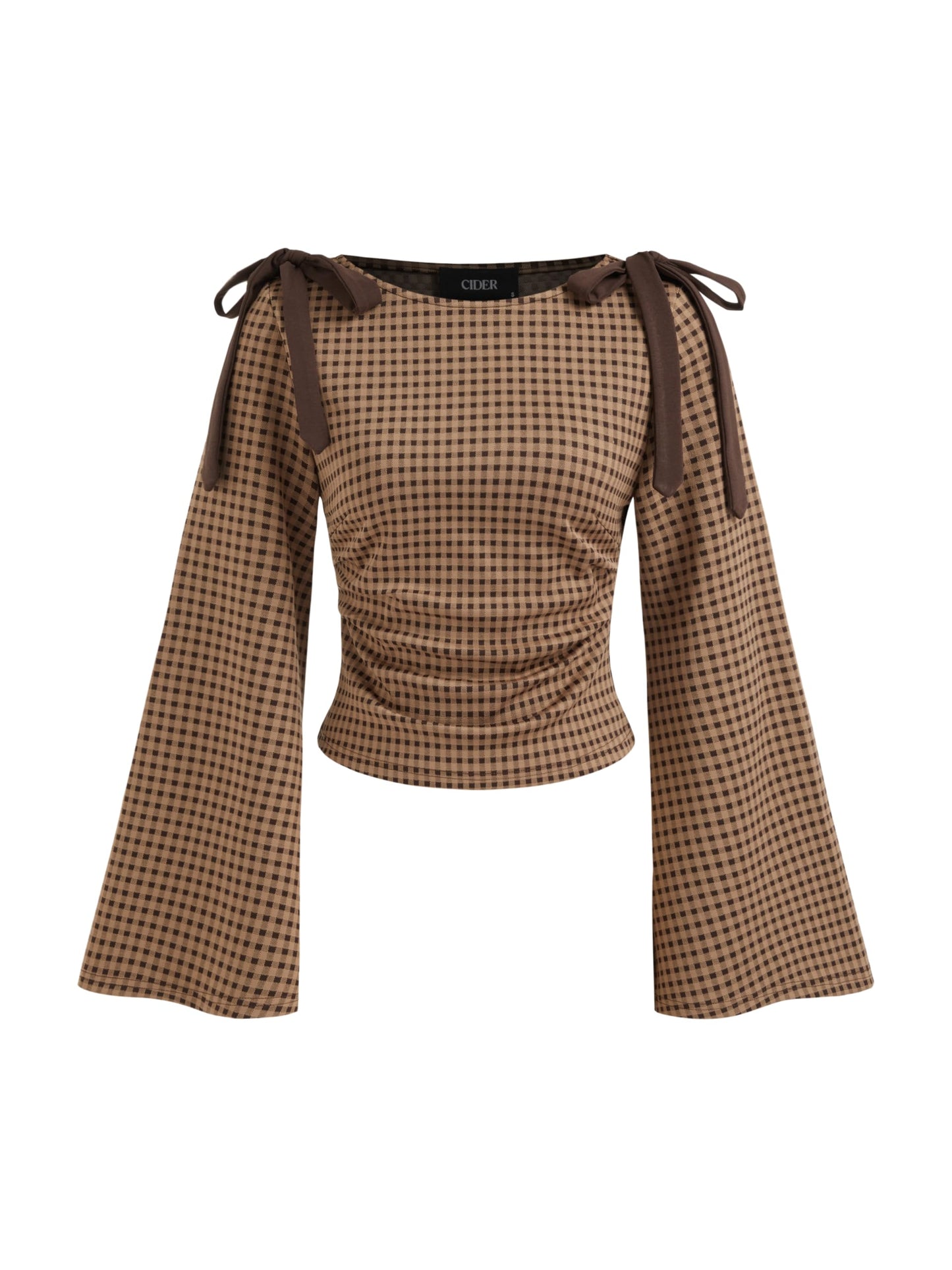 CIDER Tops Gingham Bowknot Ruched Long Sleeve Boat Neck Slim Fit Top