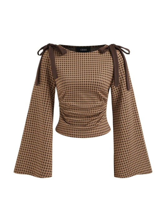 CIDER Tops Gingham Bowknot Ruched Long Sleeve Boat Neck Slim Fit Top