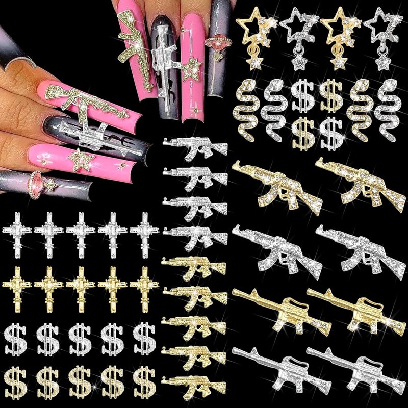 3D Gun Nail Charms - 50PCS Cross & Dollar Nail Gems for Manicure | Gold & Silver Snake Decorations