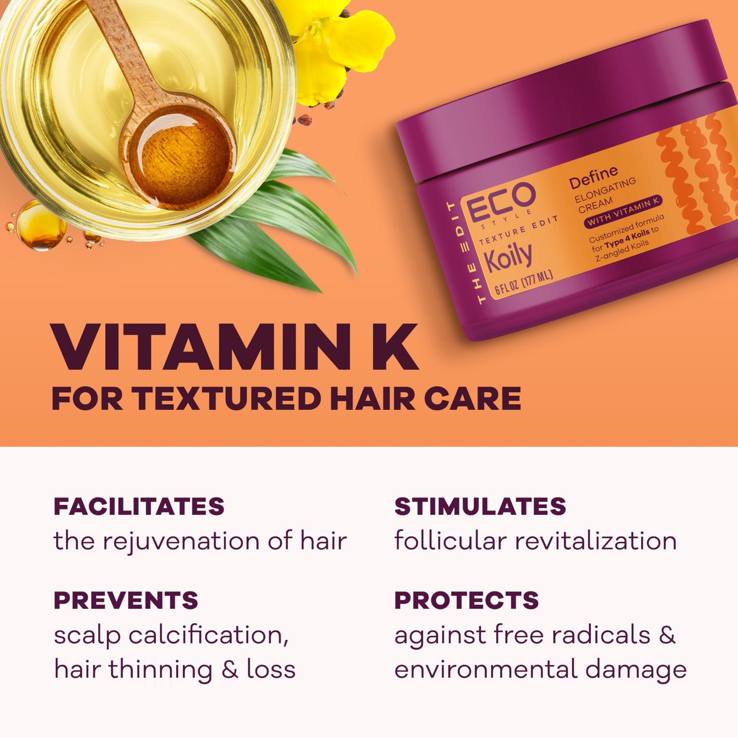 Eco Style Elongating Cream, Texture Edit, Koily Define Gel Para Cabello for Type 4 curly hair, 6oz.