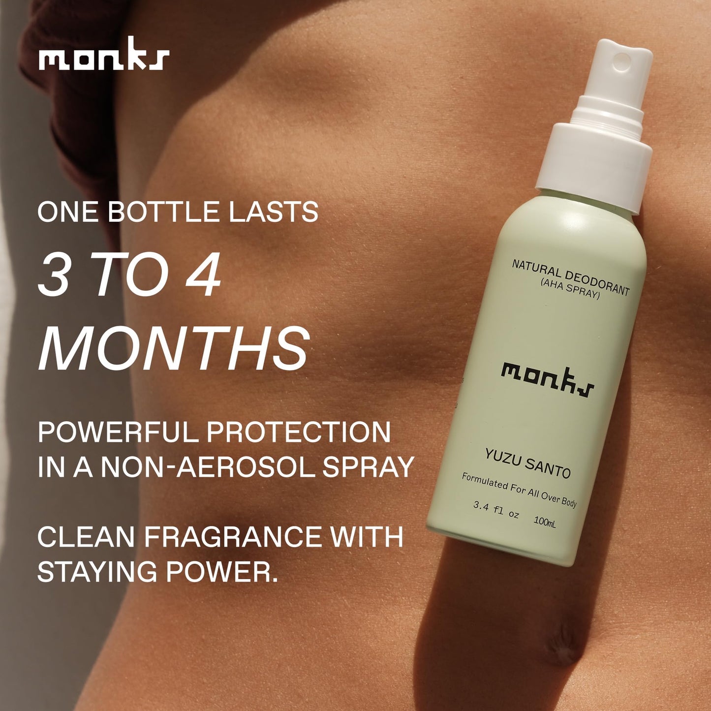 MONKS Whole Body Natural Deodorant Spray - For Women and Men, Aluminum-Free, Baking Soda Free, Probiotics, Organic AHA’s, Pure Essential Oils (Yuzu Santo)