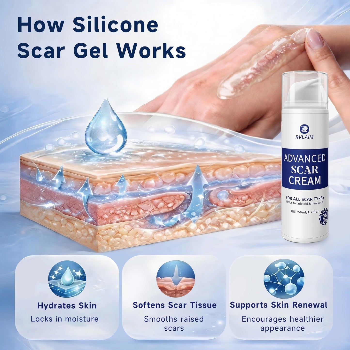 Rvlaim Silicone Scar Cream, Advanced Scar Removal Gel for Old & New Scars, Improves Color & Texture for Post-Surgery, C-Section & Acne Scars, Fast-Drying Non-Greasy Formula, 1.7 fl oz