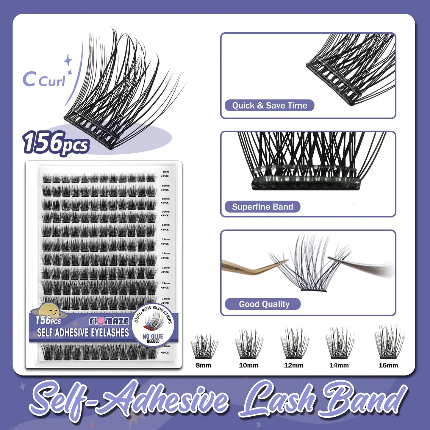 FLOMAZE Self Adhesive Eyelashes, 156 PCS Self Adhesive Eyelash Clusters, No Glue Needed, Dual-row Glue Strips 8-16mm Mixed Individual Lash Extension Super Sticky Reusable False Lashes