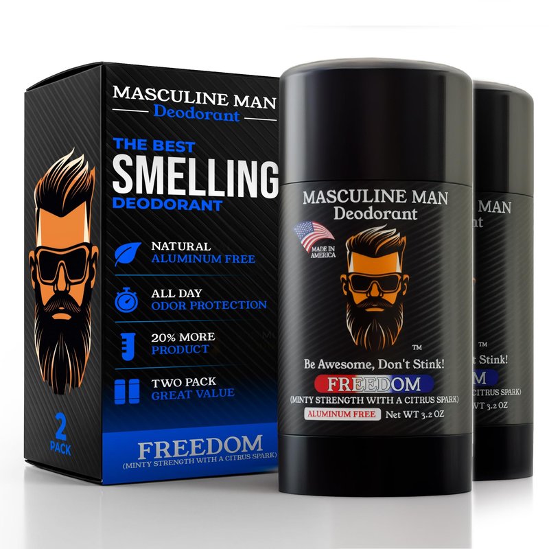 MASCULINE MAN Deodorant for Men - Aluminum Free Mens Deodorant - Natural Deodorants - Sweat Protection for Underarm - Stain-Free Stick Deodorants - Made in USA, 3.2oz (Pack of 2, Freedom)