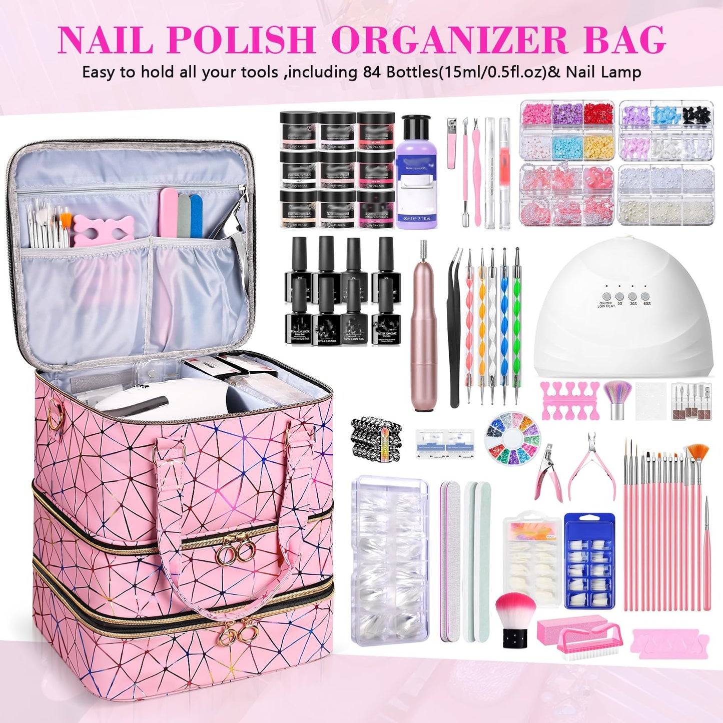 QIYFDDF Nail Polish Organizer Bag,3-layer Pink PU Leather Nail Organizer and storage,Holds 84 Bottles of Nail Polish and Nail Lamp,Large Holder Travel Carrying Case.