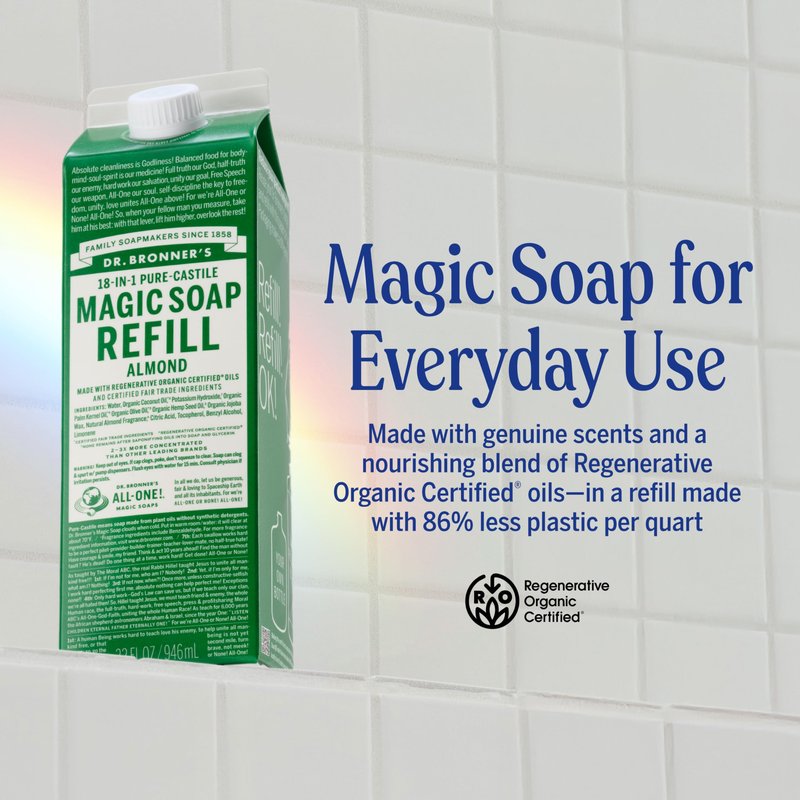 Dr. Bronner's Magic Soap Pure-Castile Liquid Soap Refill - Made with Regenerative Organic Certified Oils - 18-in-1 Uses for Face, Body Wash, Hand Soap Refill, Vegan Bath Soaps- Almond, 1-Pack, 32oz